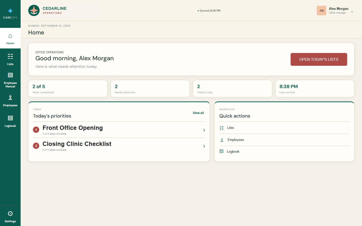 CareOps dashboard showing clinic progress